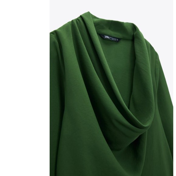 ZARA KELLY GREEN COWL FLOWY NECKLINE LONG SLEEVE BLOUSE - Picture 4 of 13